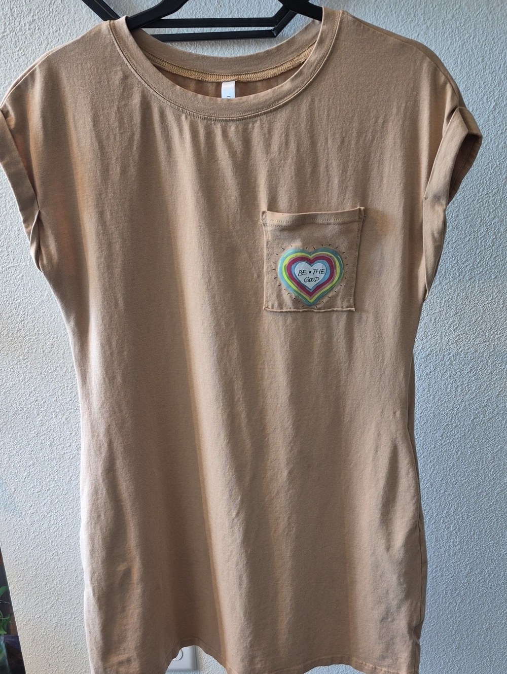 Casual Mini Dress with Rainbow Heart Pocket - Tan